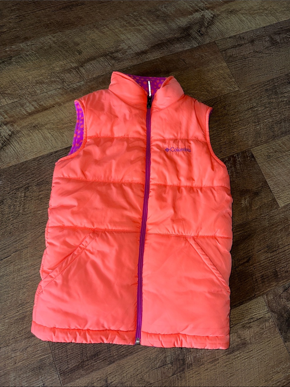 Columbia Neon Coral and Purple Girls Puffer Vest reversible